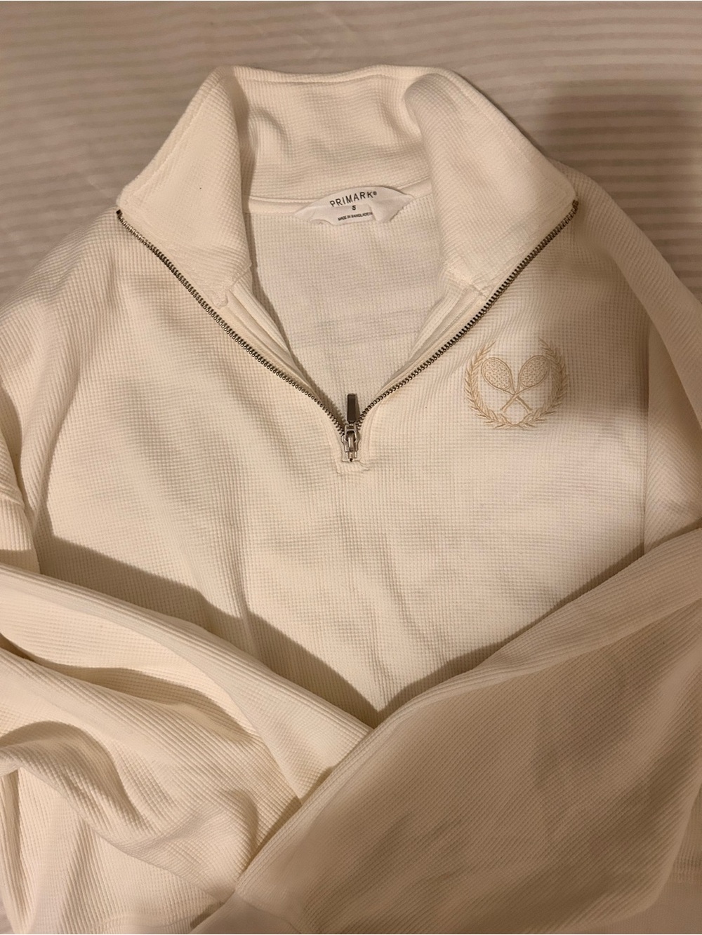 Primark Men’s Cream Waffle Half-Zip Sweater with Embroidered Crest